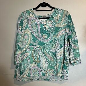 Alfred Dunner Paisley Print Top Lace Detail Green Blue 3/4 Sleeve Size XL